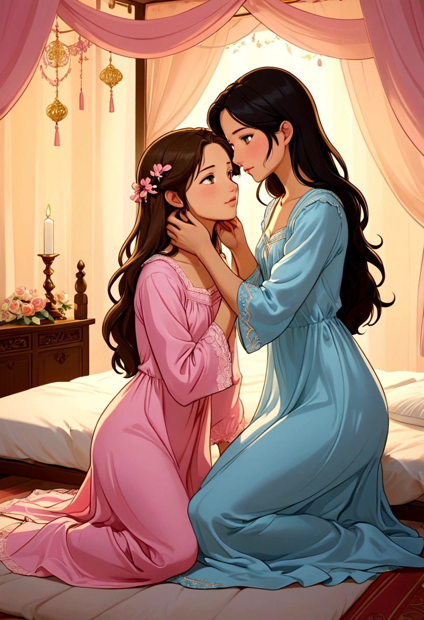 Name "The Loyal Pin" in a beautiful and delicate metallic gold font, written in 3D and Create an idyllic and tender anime-style image of two young women looking at each other with a lot of love and tenderness, kneeling in the middle of an elegant bed with canopy. One is a beautiful, shy and delicate Asian woman (Sarocha Chankimha) with long dark hair, she is dressed in a pastel pink nightgown and holds a delicate embroidered handkerchief in her hand. Kneeling in front of her is a beautiful young woman. British features (Rebecca Armstrong) with semi-long straight light brown hair, who is dressed in a pastel light blue nightgown that she gently tries to remove the handkerchief from. There is complicity and tenderness between them.
The room is of exquisite elegance and luxury illuminated by the subtle light of candles.