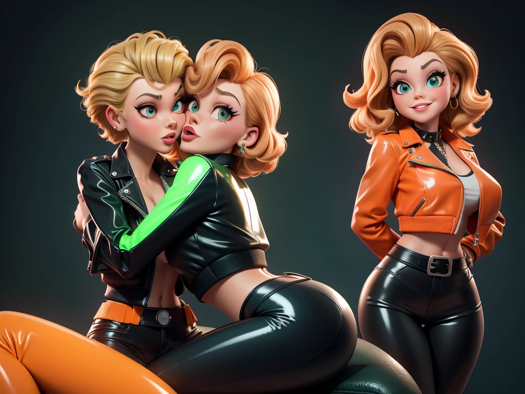 obra prima, melhor qualidade, ((lucille ball, sandy blonde hair)) head back, sassy wicked, open mouth, big teeth smile, thick smoky black eye shadow, long fake eyelashes, sultry eyes, ((dark orange leather biker jacket,)) biker jacket has stiff collar, leather blouse, ((neon green pvc skinny pants,)) studs zippers snaps, shiny leather gloves, nip slip, body is skinny, laying down hugging each other on sofa, shiny tight buttocks, arched back, mashing breasts, (passionate kissing,) camera view of whole body, looking up at me, shallow depth of field, highres, HD, 8k, anatomically correct