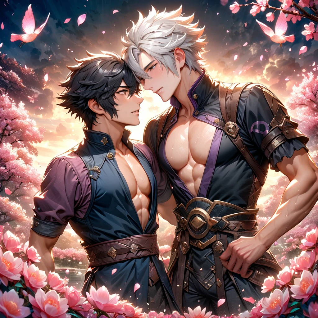 absurdres, highres, ultra detailed, HDR, master piece, best quality, Robin, white hair, short hair, hair between the eyes, expressive brown eyes, fire emblem awakening, Lon'qu, black hair, expressive gray eyes, two sexy men together, yaoi, gay couple, handsome, toned chest, black tunic, magical, fantasy, shining, water, pink flowers, pink blossoms, pink butterflies, pink petals