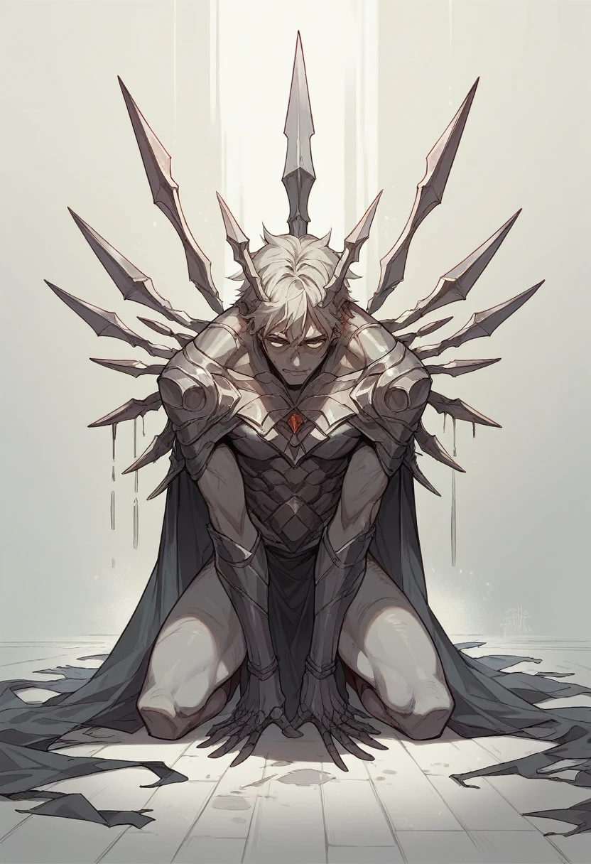 Create a gray person agonizing over a mind-invading ritual, minimalist kneeling on the floor