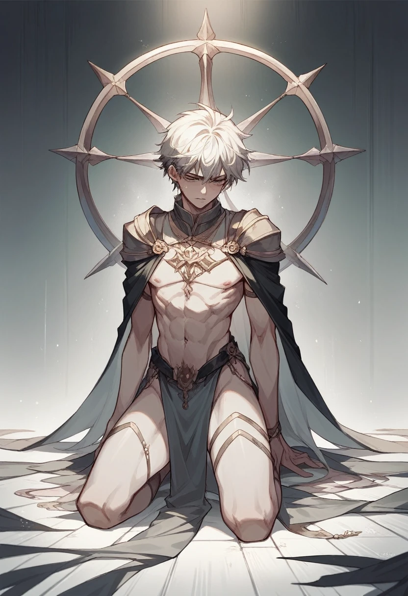 Create a gray person agonizing over a mind-invading ritual, minimalist kneeling on the floor