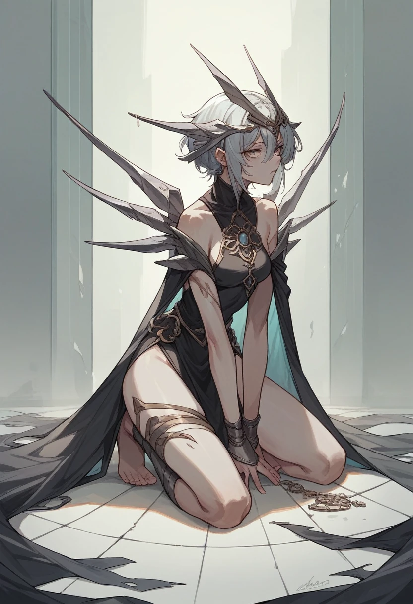 Create a gray person agonizing over a mind-invading ritual, minimalist kneeling on the floor