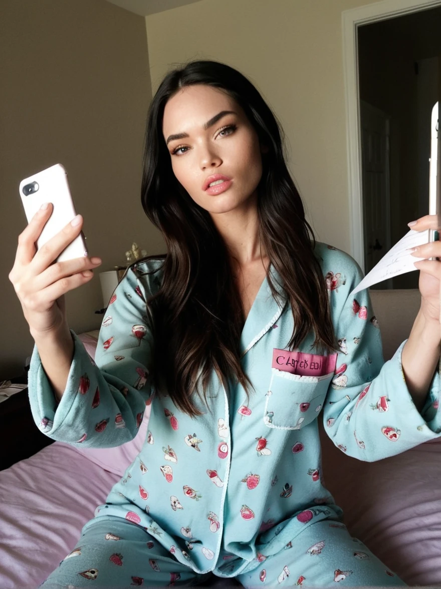 a realistic selfie miror instagram photo of a [ really beautiful exotic androgynous supermodel 19 year old woman] , with [long, dark hair] , looks like [Megan FOX] and [Adriana Lima], light makeup, looking [innocent, cute, flushed] , morning, pyjama bedroom, showing paper writing big "Carlos Mendonca" [light] skin --ar 9:16 --stylize 750 --v 6