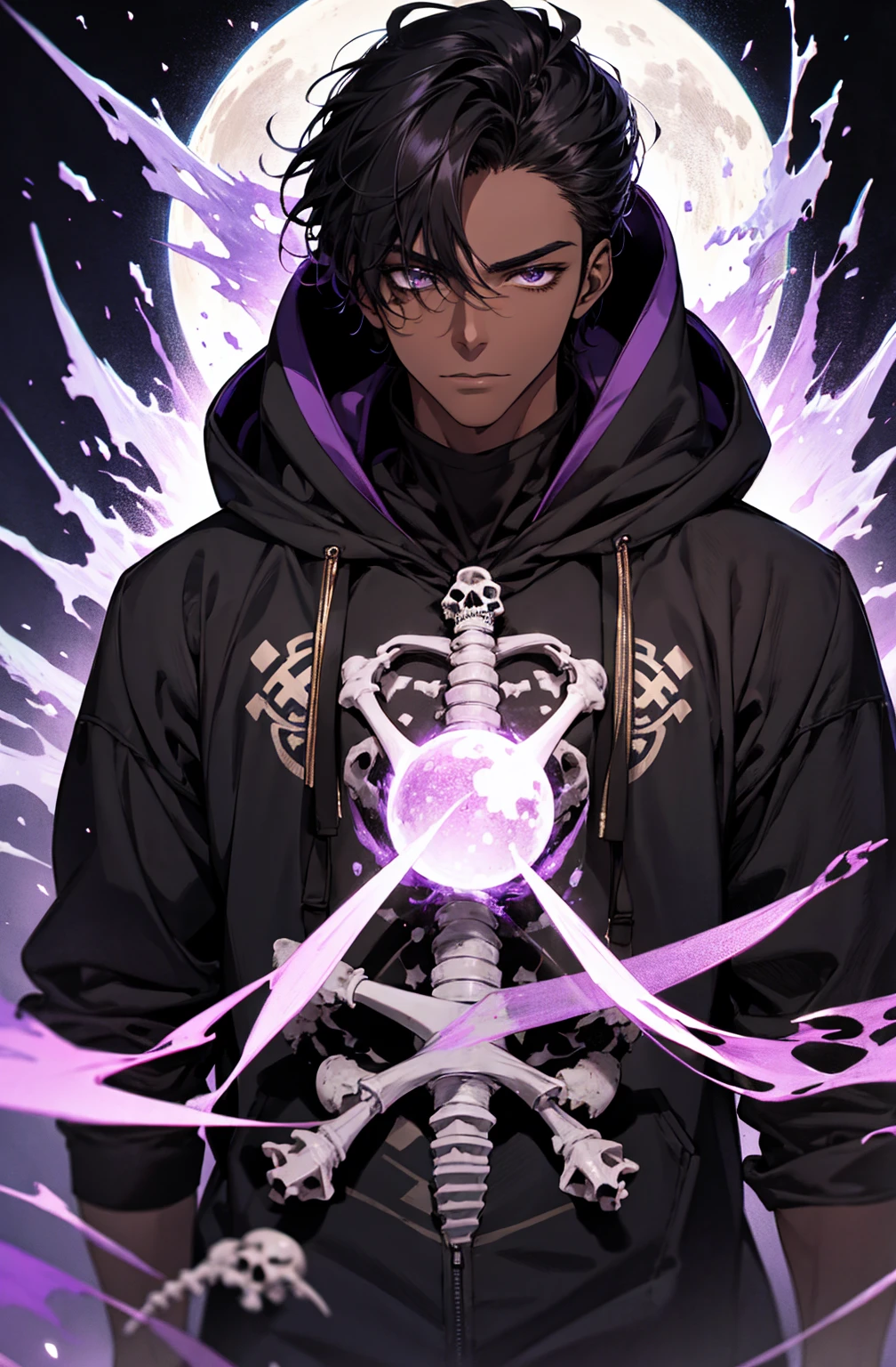 male with bones, looking away from camera, skulls, bones, handsome, black, dark skin, tall, broad shoulders, black hair, purple, purple fire, magic, detailed face, fantasy, hoodie