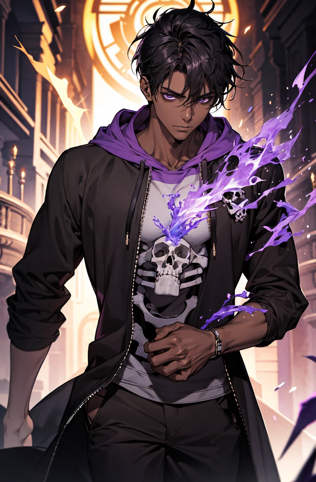 male with bones, looking away from camera, skulls, bones, handsome, black, dark skin, tall, broad shoulders, black hair, purple, purple fire, magic, detailed face, fantasy, hoodie