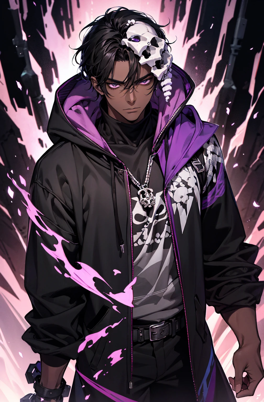 male with bones, looking away from camera, skulls, bones, handsome, black, dark skin, tall, broad shoulders, black hair, purple, purple fire, magic, detailed face, fantasy, hoodie
