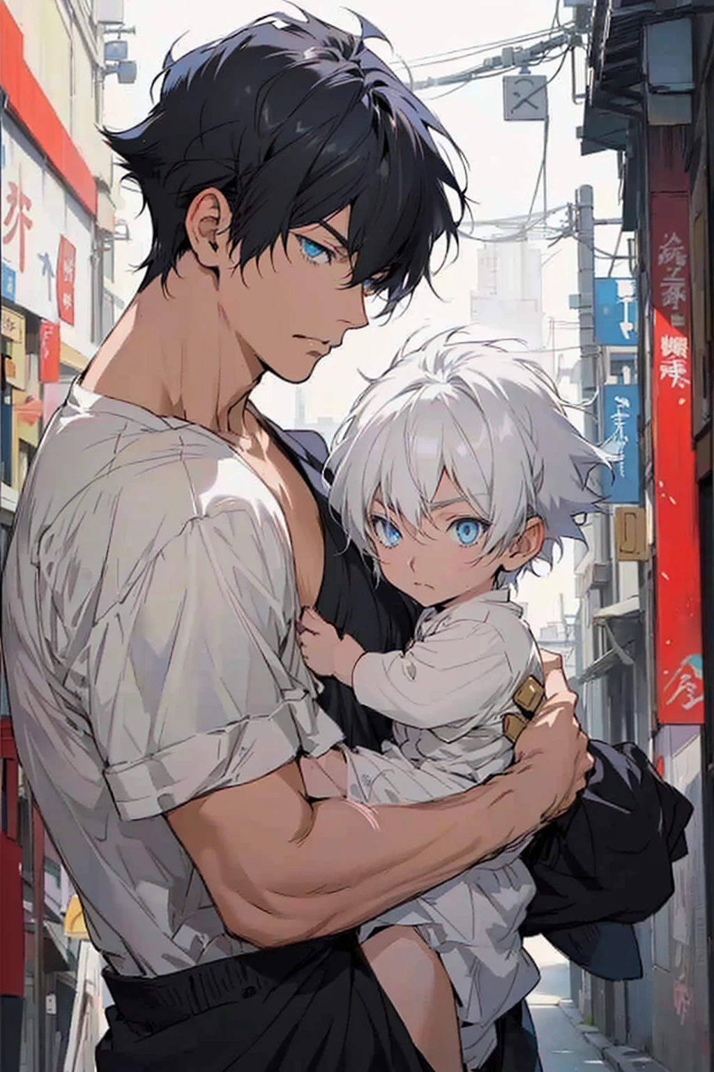 Anime boy holds a  in his arms while standing on the street., artwork in the style of Guvez, Guvez, Tall anime guy with blue eyes., anime cover, guys, Highest rating on pixiv, anime boy, Manga cover style, Two handsome anime guys, pixiv daily ranking, Manhwa, Guvez on pixiv artstation