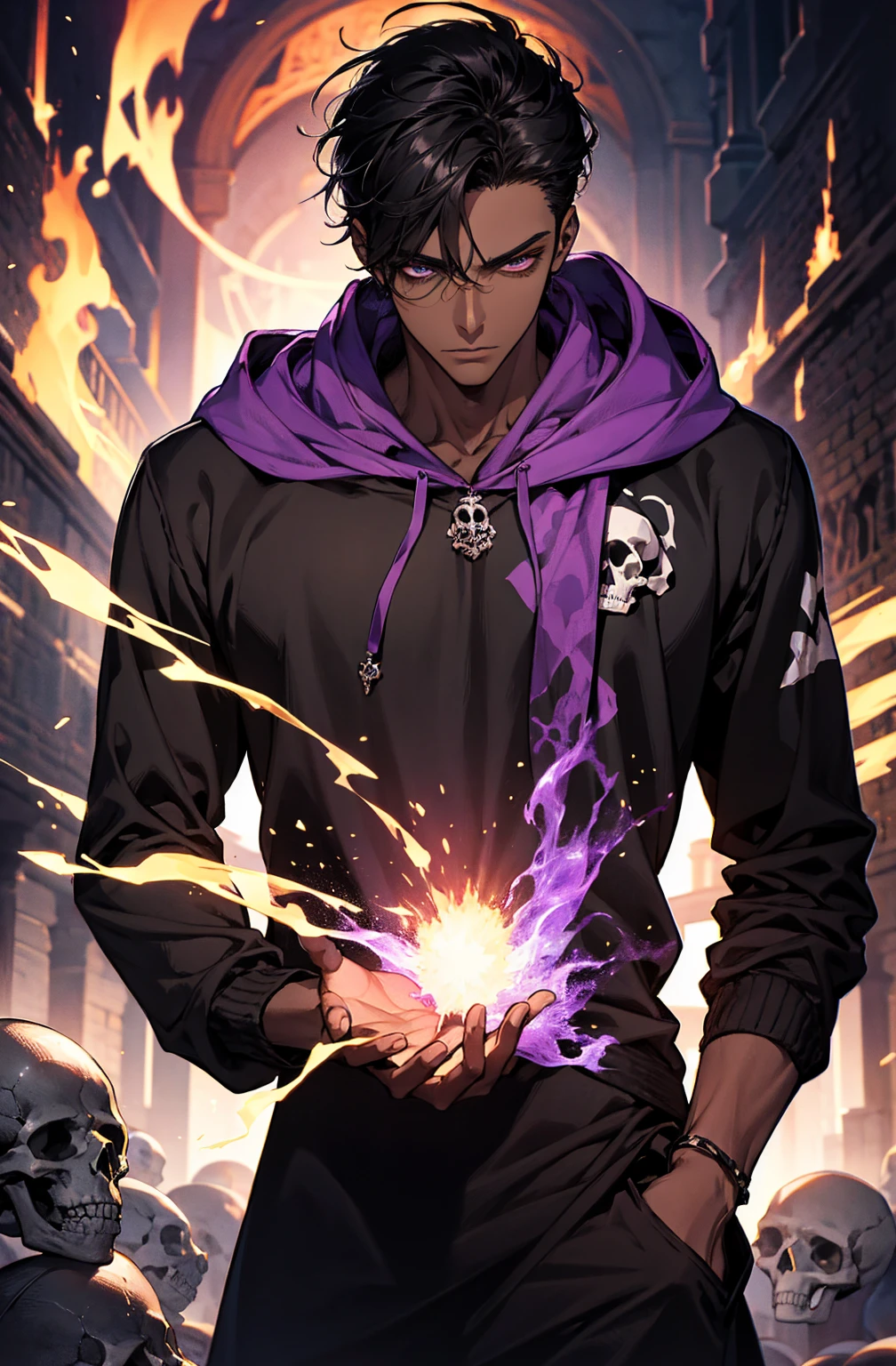 male with bones, looking away from camera, skulls, bones, handsome, black, dark skin, tall, broad shoulders, black hair, purple, purple fire, magic, detailed face, fantasy, hoodie