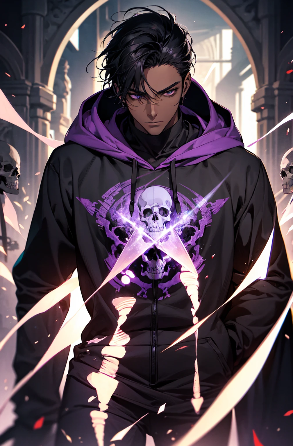 male with bones, looking away from camera, skulls, bones, handsome, black, dark skin, tall, broad shoulders, black hair, purple, purple fire, magic, detailed face, fantasy, hoodie