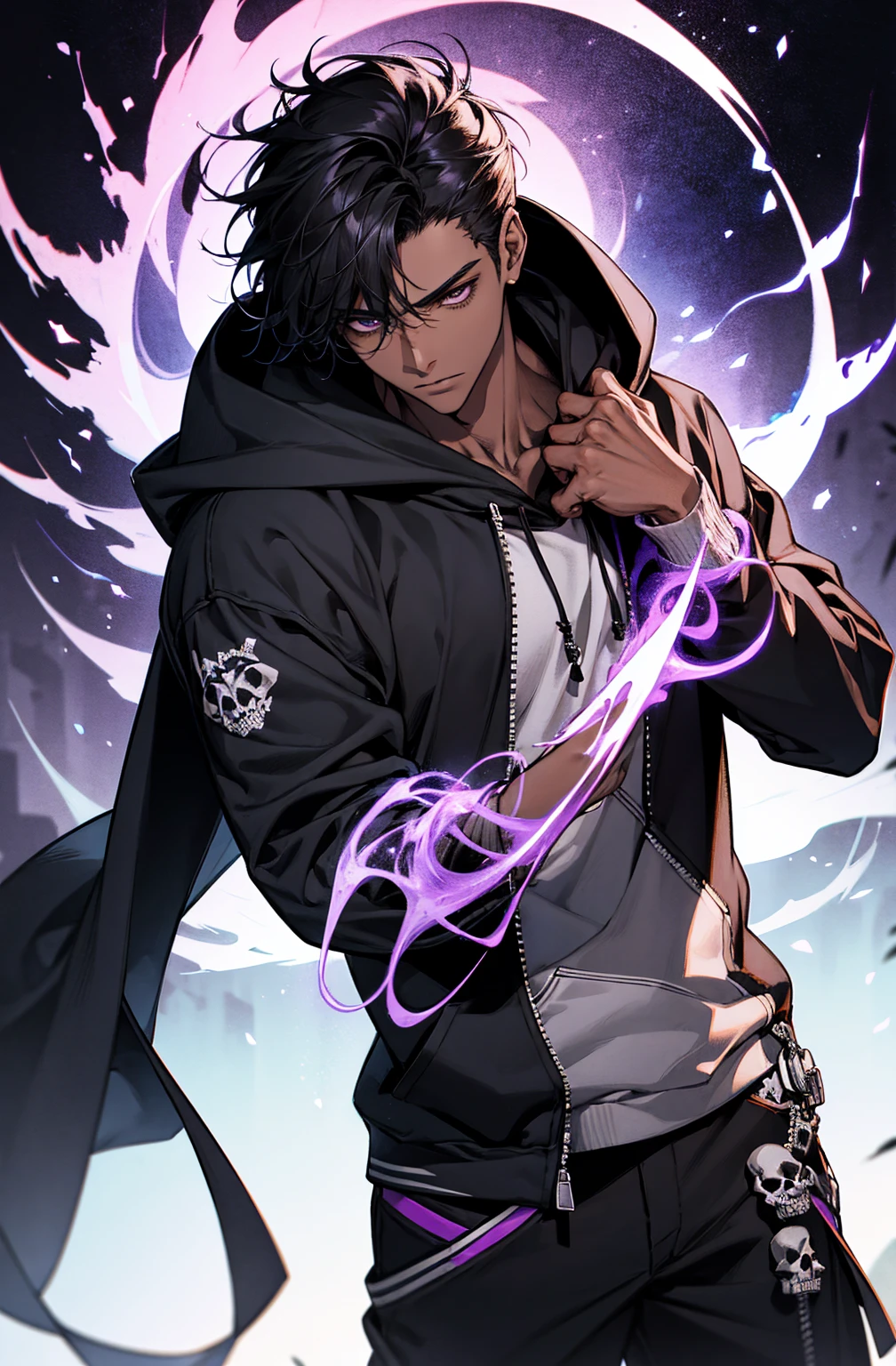 male with bones, looking away from camera, skulls, bones, handsome, black, dark skin, tall, broad shoulders, black hair, purple, purple fire, magic, detailed face, fantasy, hoodie