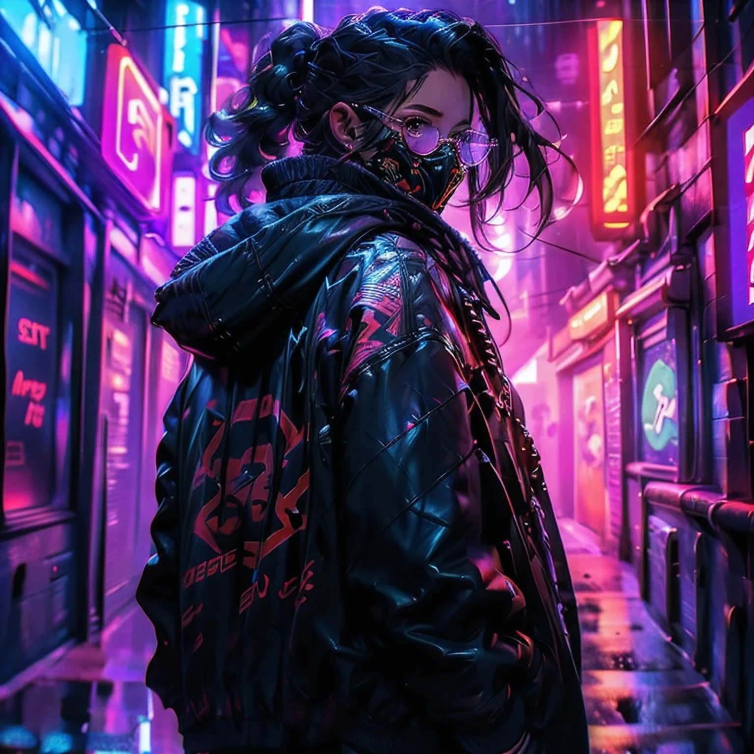 cyberpunk, neon, 1 boy, elf, neon hair, neon eyes, ponytail hairstyle, black leather jacket, sniper rifle, hoodie, sneaking, masked, glasses, best quality, 4k, 8k, highres, masterpiece:1.2, ultra-detailed, realistic, photorealistic, photo-realistic:1.37, HDR, UHD, studio lighting, ultra-fine painting, sharp focus, physically-based rendering, extreme detail description, professional, vivid colors, bokeh, concept art