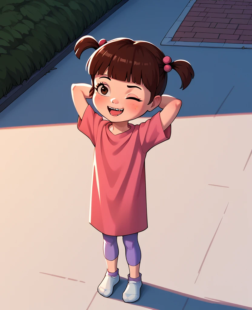 score_8_up, score_9, 1girl, boo, brown hair, brown eyes, twintails, blunt bangs, pink shirt, outdoors, hands behind head, one eye closed,