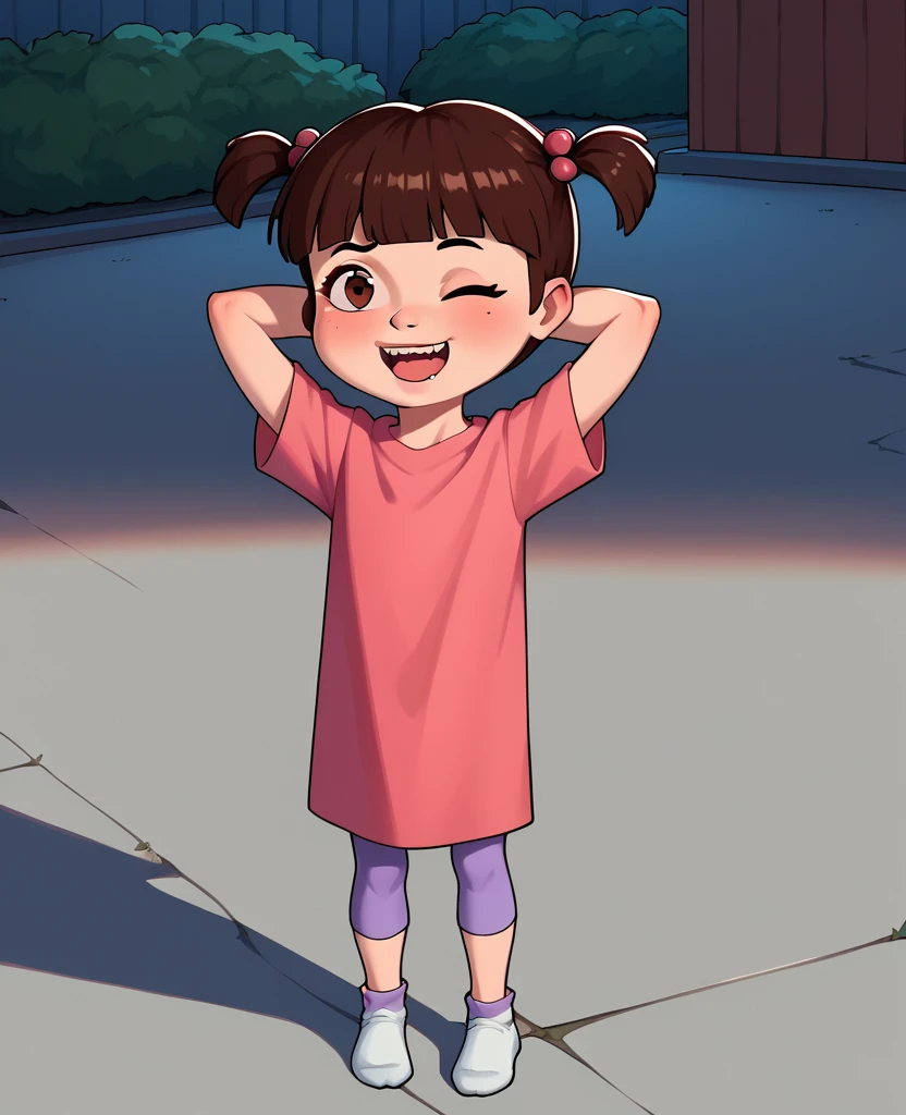 score_8_up, score_9, 1girl, boo, brown hair, brown eyes, twintails, blunt bangs, pink shirt, outdoors, hands behind head, one eye closed,