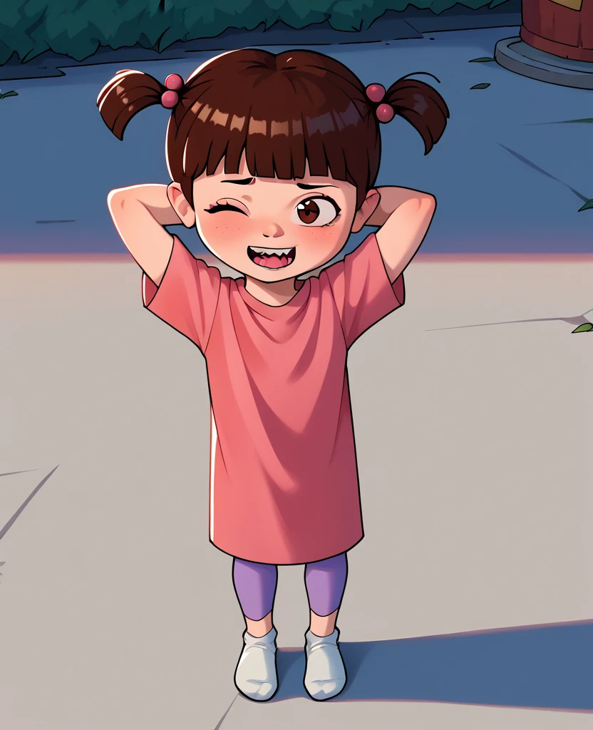 score_8_up, score_9, 1girl, boo, brown hair, brown eyes, twintails, blunt bangs, pink shirt, outdoors, hands behind head, one eye closed,