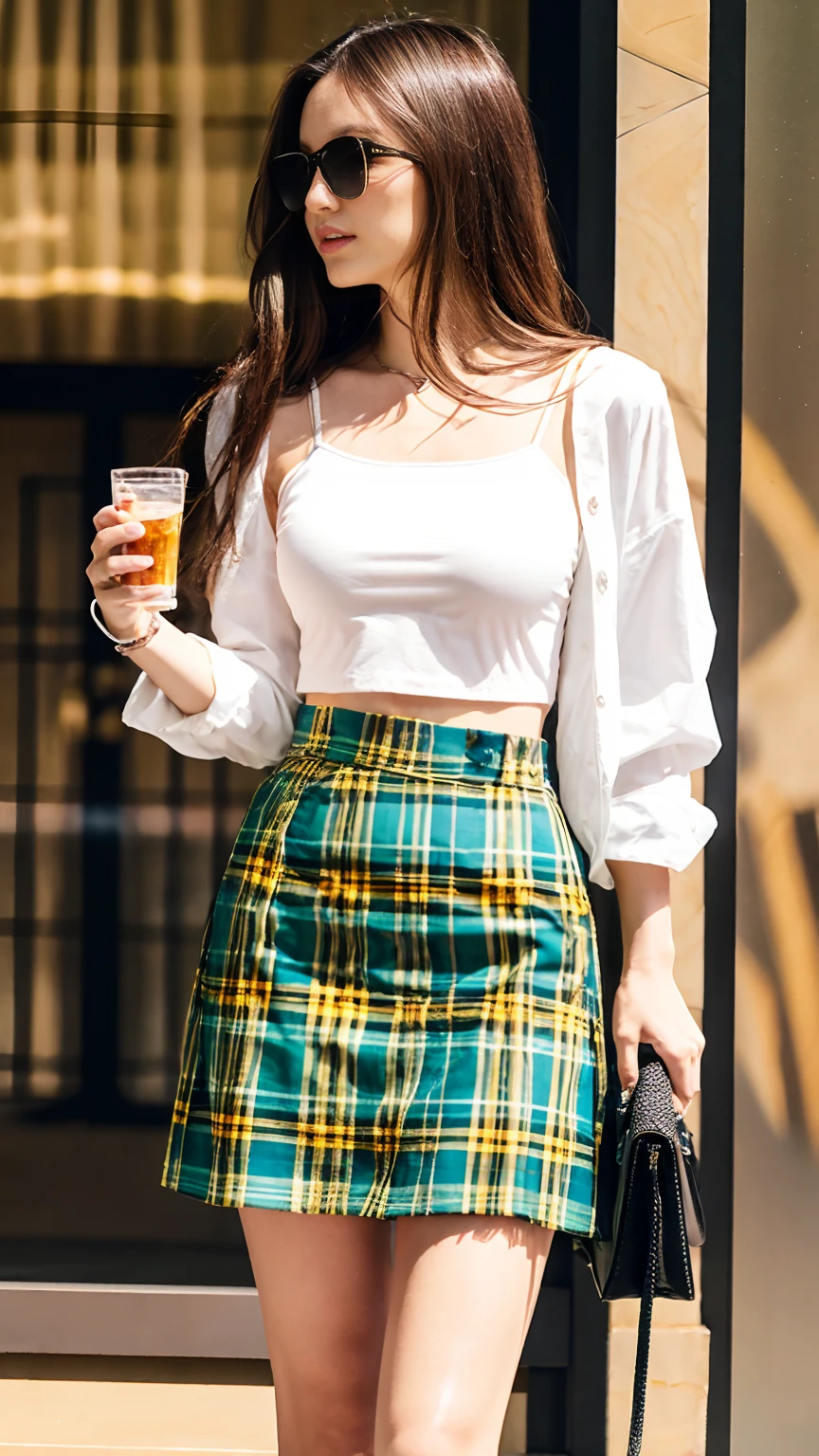 Tartan check mini skirt、Burberry style、Oversized shirt、adult、Summer clothes、bra、Low-rise skirt、Summer sunshine、Beautiful pubic bone、Hip-wearing