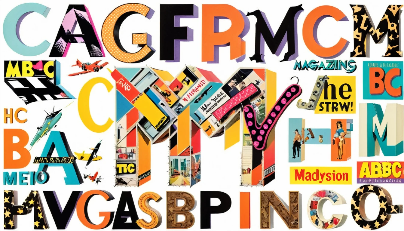 collage lettering , abc , separated characters, isolated over white background, retro magazine