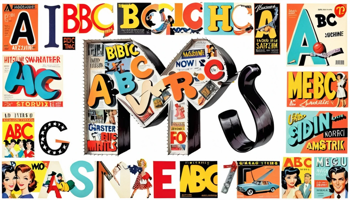 collage lettering , abc , separated characters, isolated over white background, retro magazine