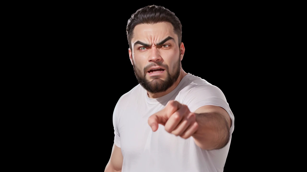 arafed man pointing at the camera with a surprised look on his face, angry and pointing finger, scary evil pose, with index finger, realistic style, pointing at the camera, angry look, realistic image, Realism