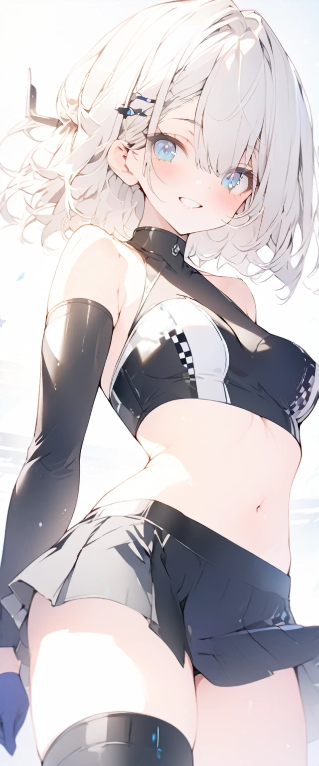 beautiful, masterpiece, Highest quality, anime, One girl, C Cup,Portrait Shot, View your viewers, Covered、Short Hair、nearby、Blue Eyes、art、、White hair,Blue streaked hair、wallpaper、hairpin、Cute smile、Thighs、navel、Black and White_Open race queen、Blue-black_Gloves、Blue-black_Knee-high boots、、Cute、Blue-black_Short skirt、circuit、blue sky、Blue-black_mini skirt、Blue-black_Very short skirt