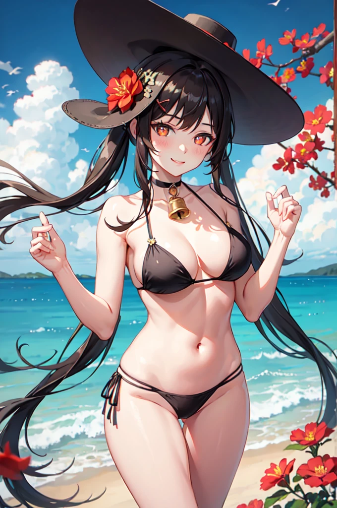 hd,8k,ultra qualty,1girl, ((solo)), hutao_genshin, standing, neck bell, flower, bare arms, very long hair, long hair, twintails, brown hair, red eyes, stomach, cleavage, choker, sidelocks, symbol-shaped pupils, smile, bikini, on stomach, ((flower-shaped pupils)), red bikini, navel, red flower, black choker, bare shoulders, hair ornament, strap slip, hair flower, thighs, day, outdoors, thigh gap, plum blossoms, bell, blush, looking at viewer, ((sky)), blue sky, (beach), sea, sand, ((black headwear)), black hat, black chinese hat,