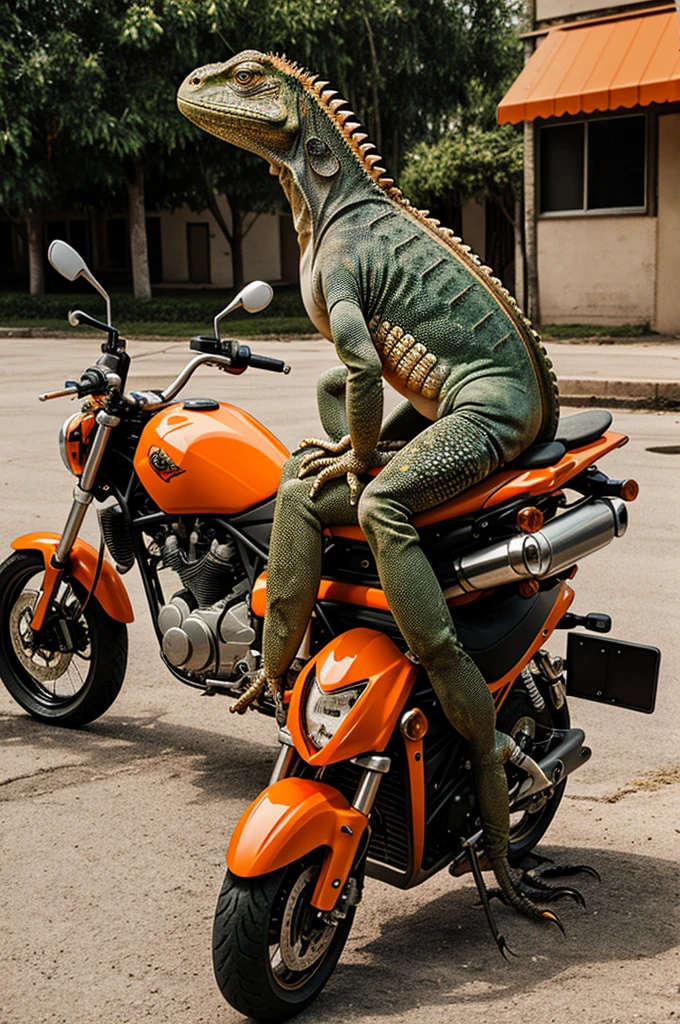  cartoon of an iguana on an orange motorcycle