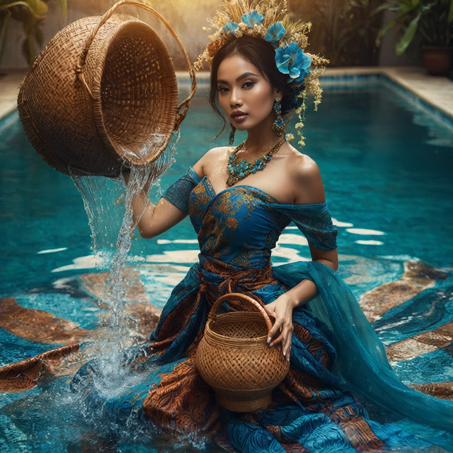 Indonesian woman in traditional blue batik sarong dress holding water basket in pool, fantasy photo shoot, photo shoot, real photo shoot queen of the ocean, modeling photography, high end fashion shoot, solo shoot, by Galen Dara, fashion photography, editorial fashion photography, editorial photography, miss aniela, fashion photography, full body photoshoot, portraits, photos from promo shoots