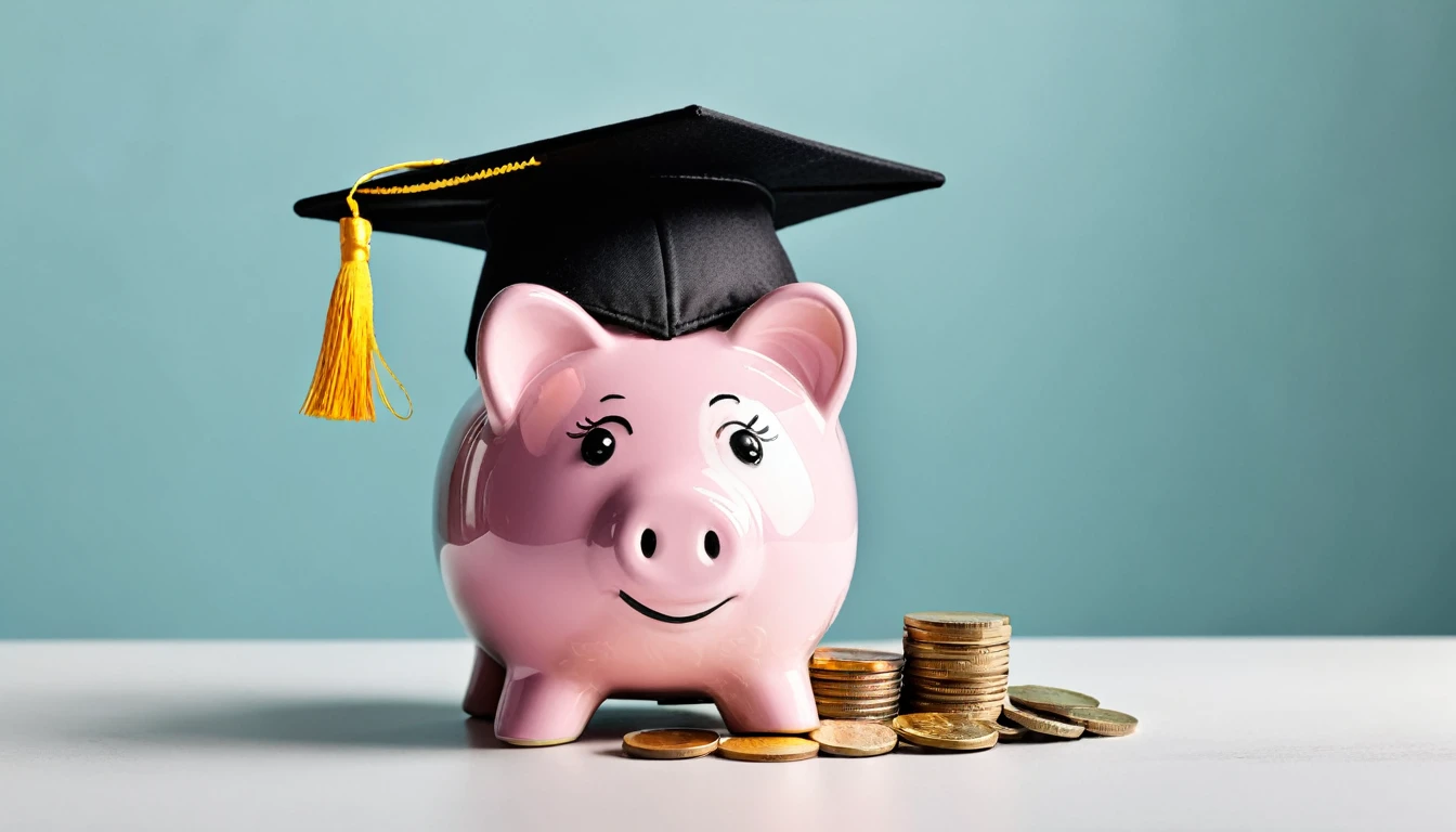 Piggy bank with black graduation cap with coins as symbol of education loan. education savings. cost of education