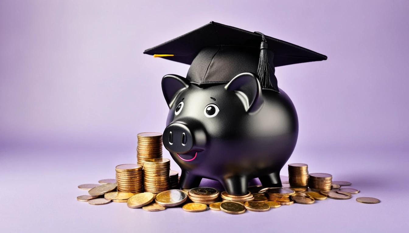 Piggy bank with black graduation cap with coins as symbol of education loan. education savings. cost of education