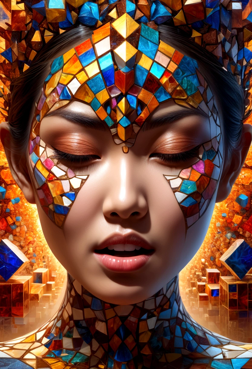 Thai women's faces(Face only)Who opened his mouth wide and screamed in pain.,Explosion of body parts into 3D cubes , Mosaic art, masterpiece, bright colors, , Highly detailed, , fractal art, , 8K, geometric concept art, sharp line