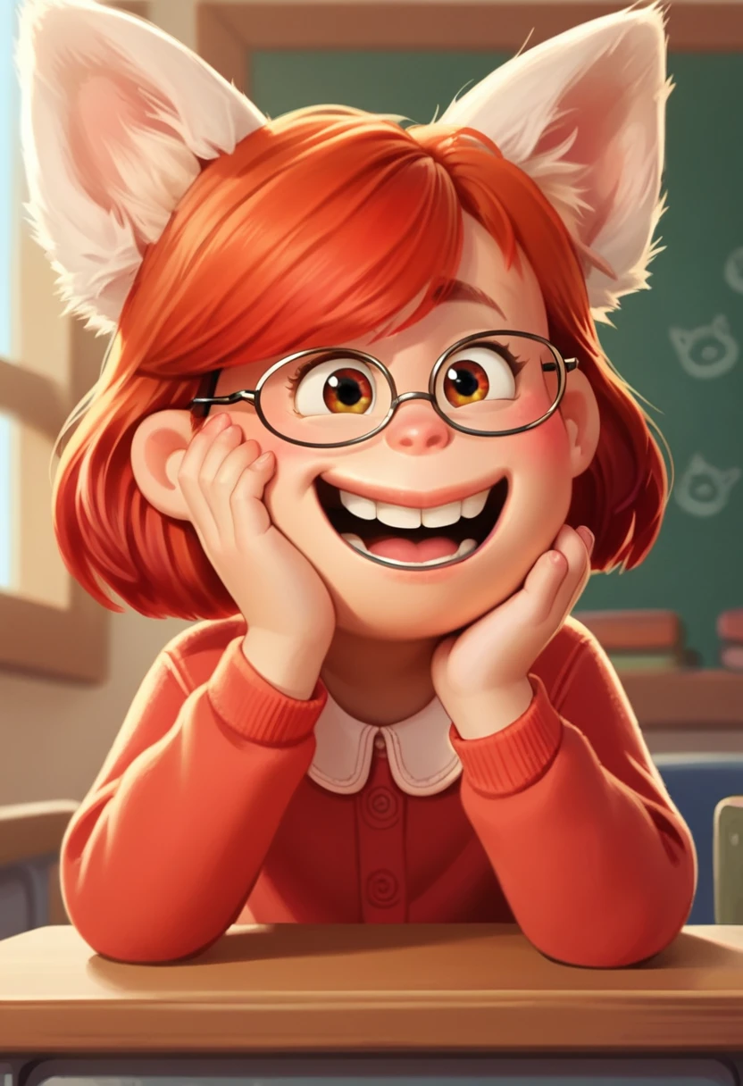 score_9, score_8, score_7, score_6, Mei Lee, 1girl, rating_questionable, at a desk, animal ears, red hair, happy