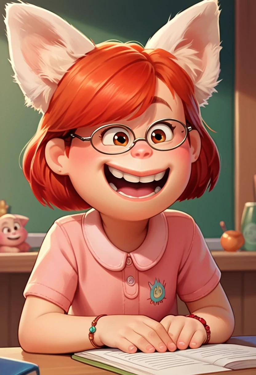 score_9, score_8, score_7, score_6, Mei Lee, 1girl, rating_questionable, at a desk, animal ears, red hair, happy