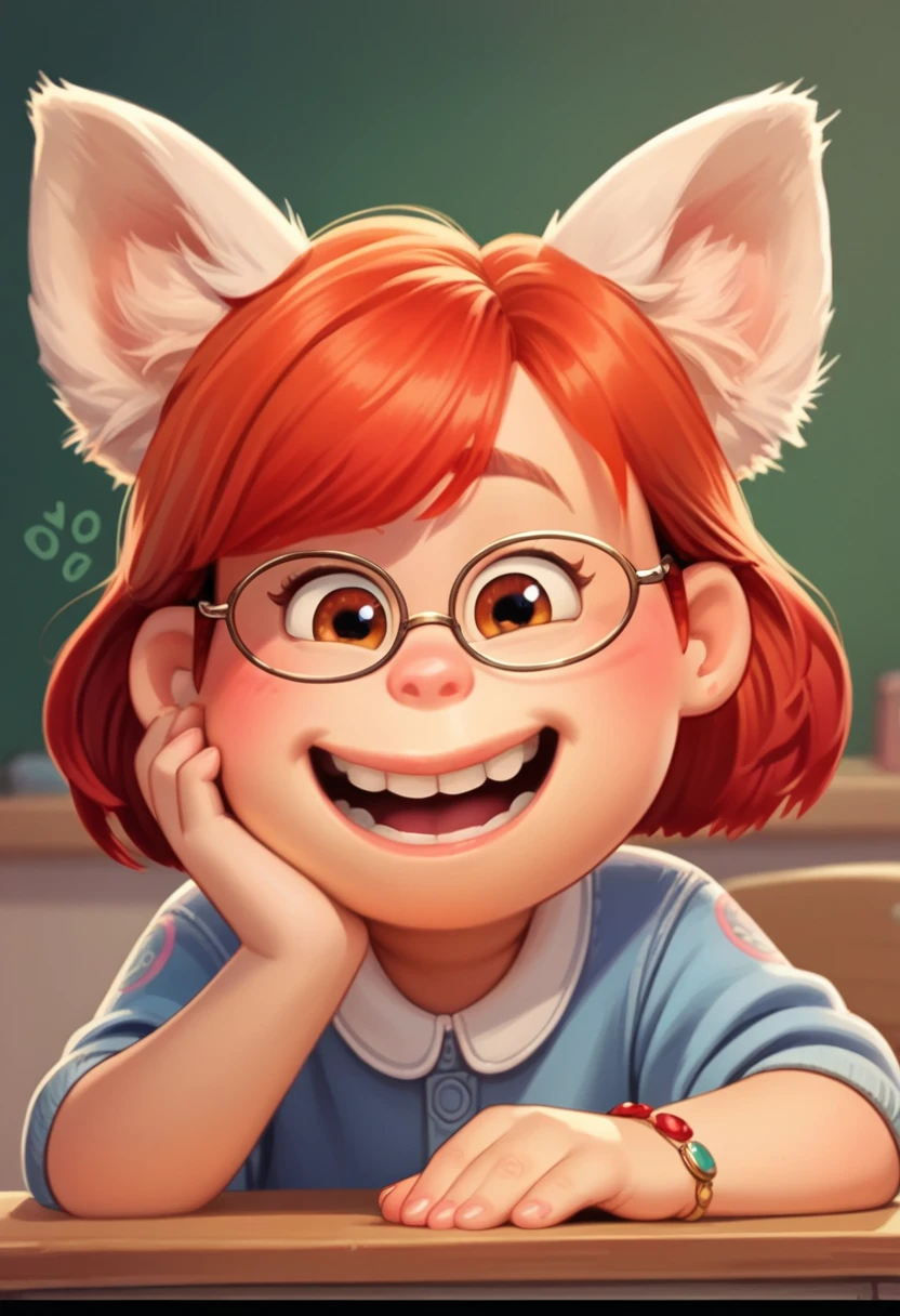 score_9, score_8, score_7, score_6, Mei Lee, 1girl, rating_questionable, at a desk, animal ears, red hair, happy