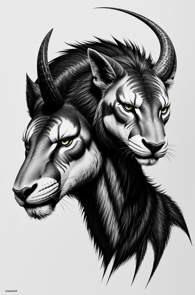 Create the image of a mythological animal called CHIMERA only with a black line and a very ferocious white background.