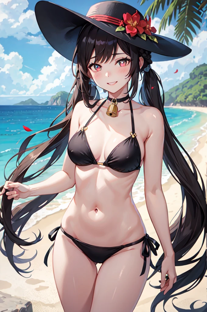 hd,8k,ultra qualty,1girl, ((solo)), hutao_genshin, standing, neck bell, flower, bare arms, very long hair, long hair, twintails, brown hair, red eyes, stomach, cleavage, choker, sidelocks, symbol-shaped pupils, smile, bikini, on stomach, ((flower-shaped pupils)), red bikini, navel, red flower, black choker, bare shoulders, hair ornament, strap slip, hair flower, thighs, day, outdoors, thigh gap, plum blossoms, bell, blush, looking at viewer, ((sky)), blue sky, (beach), sea, sand, ((black headwear)), black hat, black chinese hat,