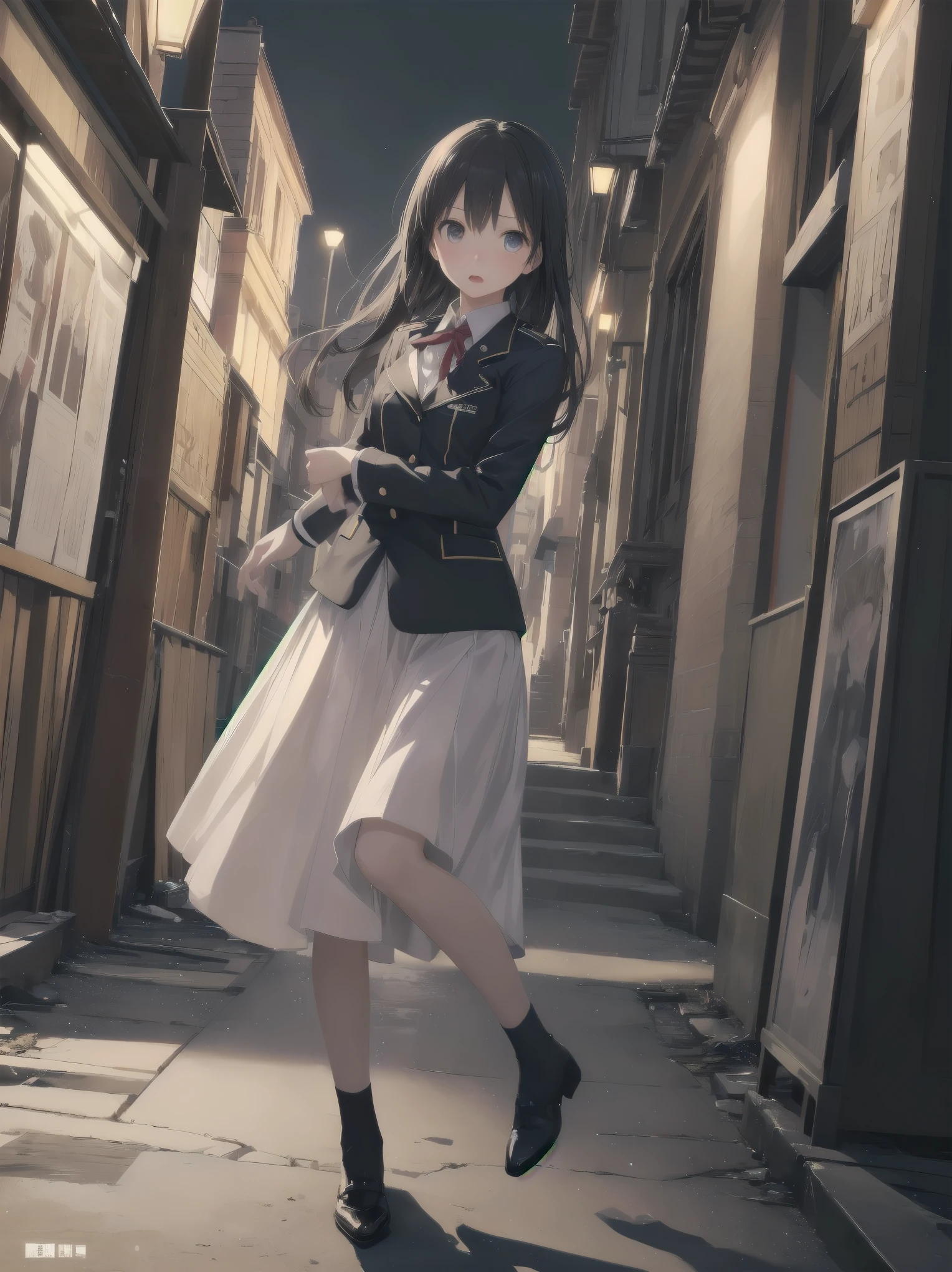 Masterpiece、high quality、high resolution、Dynamic Angle、Dynamic Pose、One girl、solo、uniform, Surprised expression, Standing in the park, At night,Half-body photo, Super detailed, Ultra HD、cute、A shy and shy pose、Capture your subjects at their best with photogravure settings
