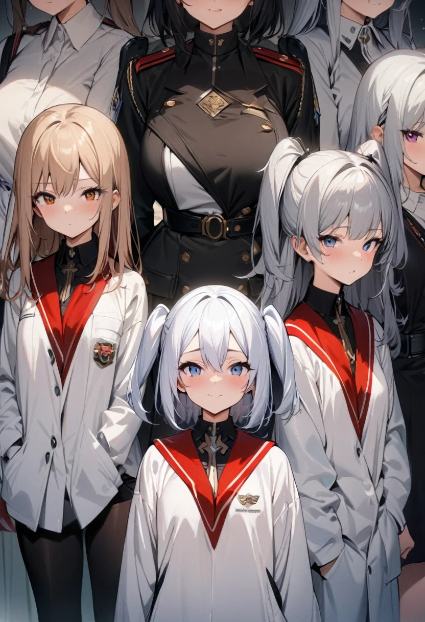 lineup,Multiple Girls,straight-on,tow side up,masterpiece, best quality, very aesthetic, absurdres,black,red,White,Silver,masterpiece, best quality, very aesthetic, Absurdres Student,uniform