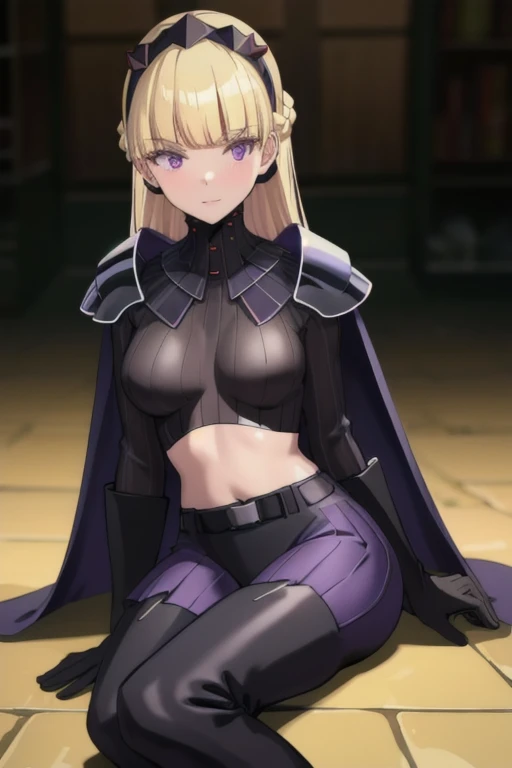 8k,highres,absurdres,masterpiece,best quality,original,extremely detailed CG,extremely detailed wallpaper,perfect lighting,1girl,solo,blurry_background,looking_at_viewer,
AmSW,long hair,blonde hair,black gloves,purple eyes,black hairband,cape,black bodysuit,medium breasts,braid,blunt bangs,sitting, park