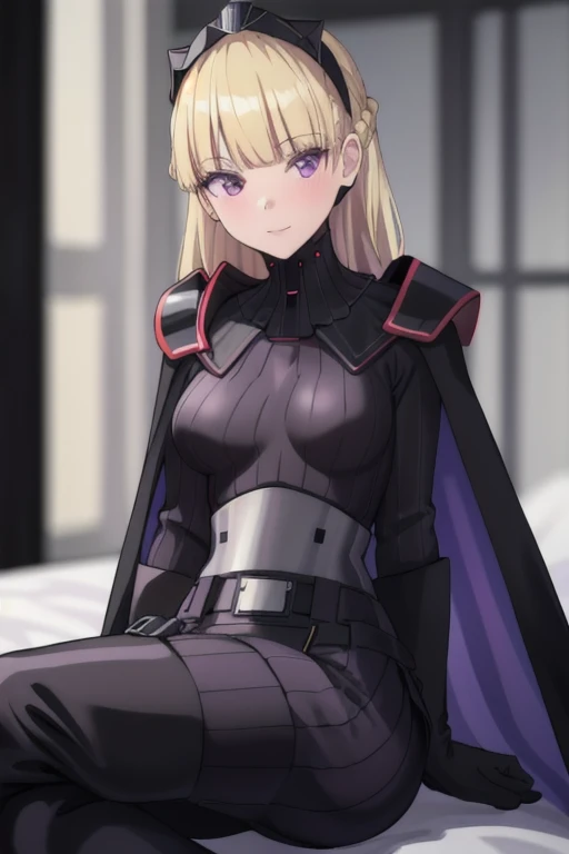 8k,highres,absurdres,masterpiece,best quality,original,extremely detailed CG,extremely detailed wallpaper,perfect lighting,1girl,solo,blurry_background,looking_at_viewer,
AmSW,long hair,blonde hair,black gloves,purple eyes,black hairband,cape,black bodysuit,medium breasts,braid,blunt bangs,sitting, park