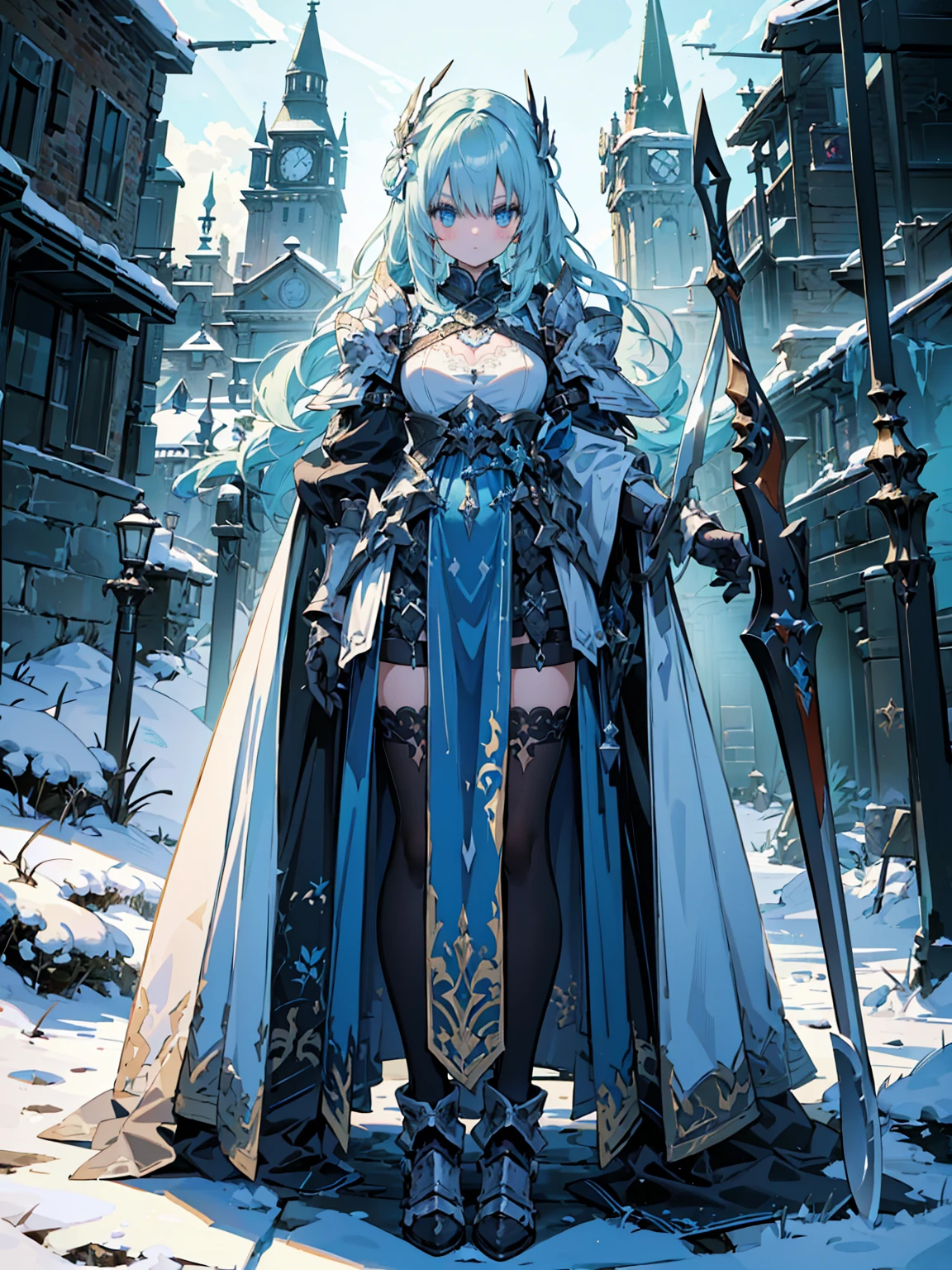 (((masterpiece, best quality, high detailed, 8k))) Design a layout showcase Gaming character, (1girl). Blue|Silver clothes, stylish and unique. ((showcase weapon:1.4)), bow and arrows. (masterpiece:1.2), (best quality), 4k, ultra-detailed. (Step by step design, layout art:1.5), (luminous lighting, atmospheric lighting). archer, ((glove full hands)), (((revealing clothes:1.3))), vambraces, armored legwear, (((full_body_shot:1.4))). {On a snowy mountain}.