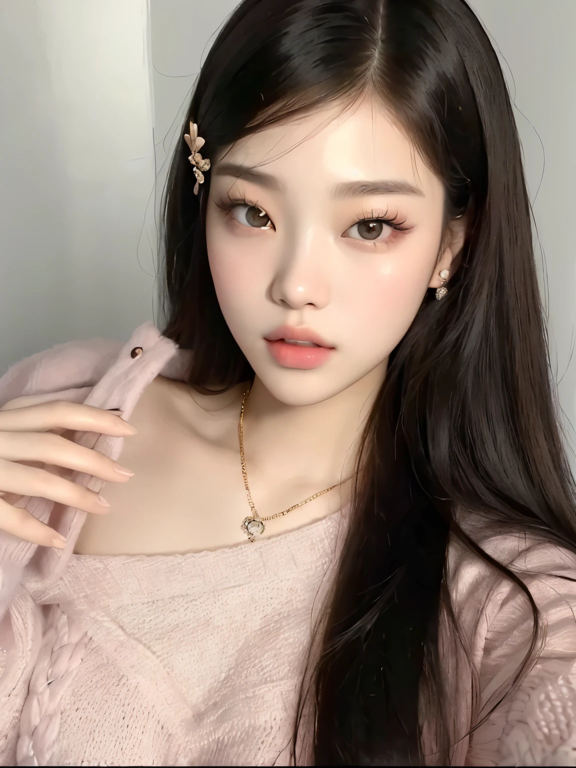 a close up of a woman with long hair wearing a pink sweater, ulzzang, young adorable korean face, popular korean makeup, popular south korean makeup, korean girl, gorgeous young korean woman, beautiful south korean woman, beautiful young korean woman, beautiful aesthetic face, wan adorable korean face, beautiful asian girl, korean face features, clear lips and high quality, Jennie Kim, Kim Jennie from blackpink, Jennie member of blackpink