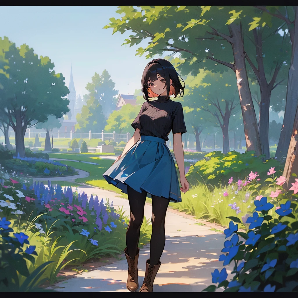 (high quality, High resolution, Very detailed, reality:1.37), Peaceful atmosphere, (Outdoor, garden), age girl standing alone, (my breasts are big.), Beautiful details, Cute Smile, (Black bob hair), Short sleeve ribbed sweater, Blue Skirt, Black tights, Brown boots.