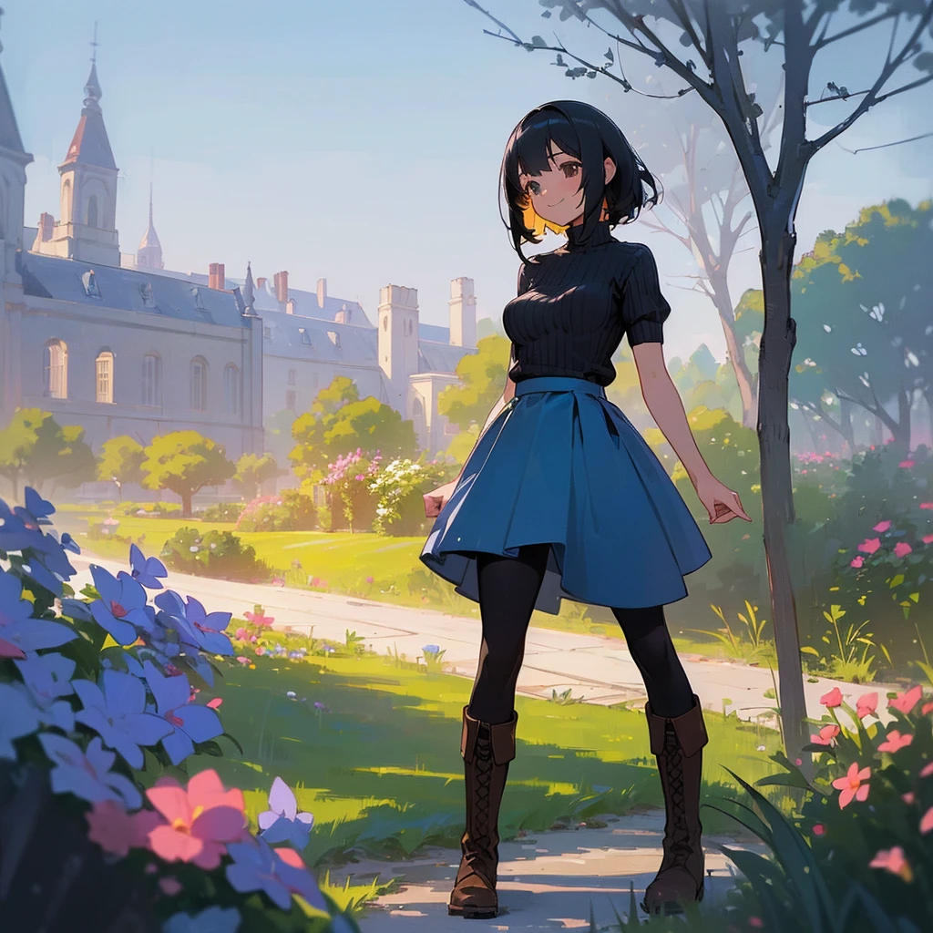 (high quality, High resolution, Very detailed, reality:1.37), Peaceful atmosphere, (Outdoor, garden), Teenage girl standing alone, (my breasts are big.), Beautiful details, Cute Smile, (Black bob hair), Short sleeve ribbed sweater, Blue Skirt, Black tights, Brown boots.