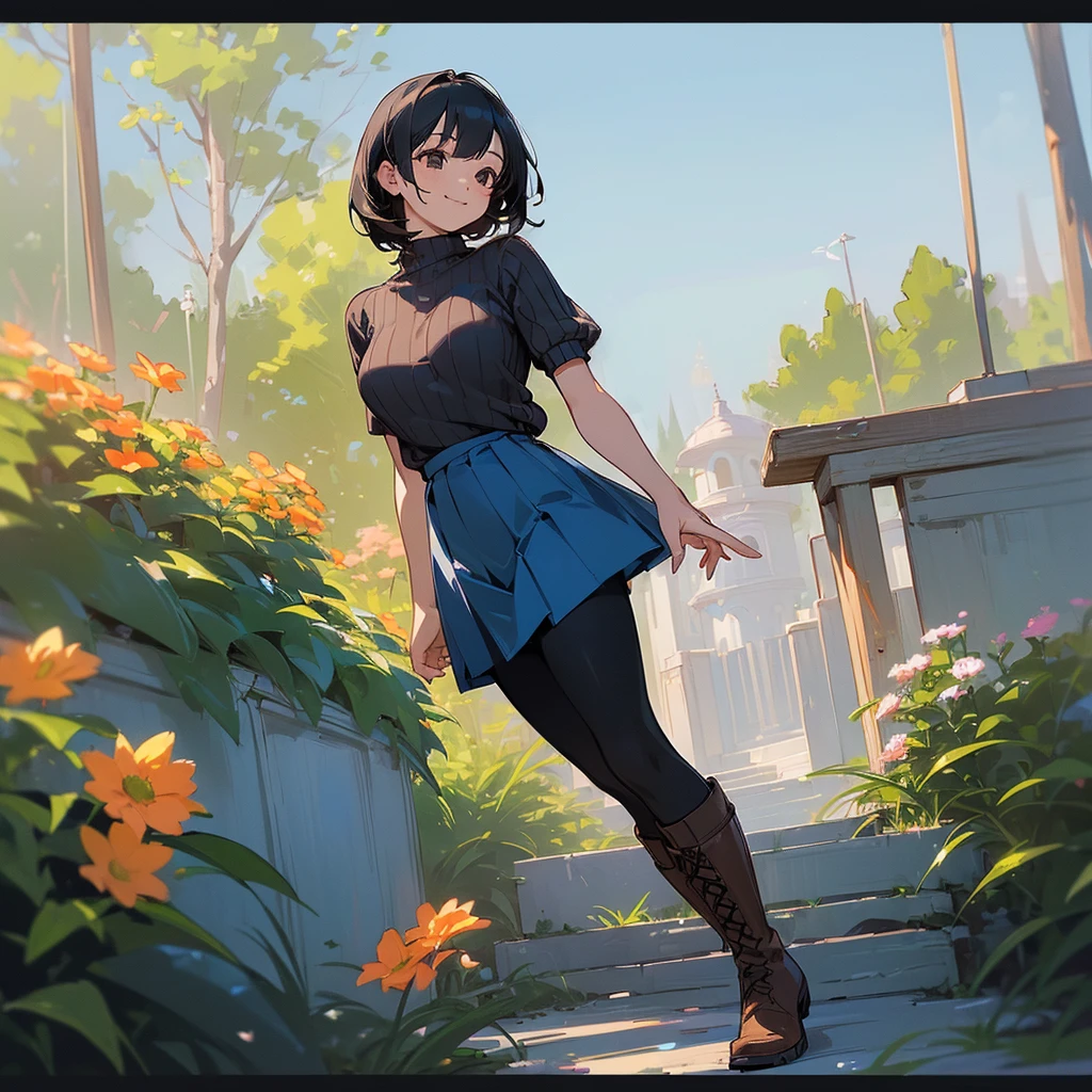 (high quality, High resolution, Very detailed, reality:1.37), Peaceful atmosphere, (Outdoor, garden), Teenage girl standing alone, (my breasts are big.), Beautiful details, Cute Smile, (Black bob hair), Short sleeve ribbed sweater, Blue Skirt, Black tights, Brown boots.