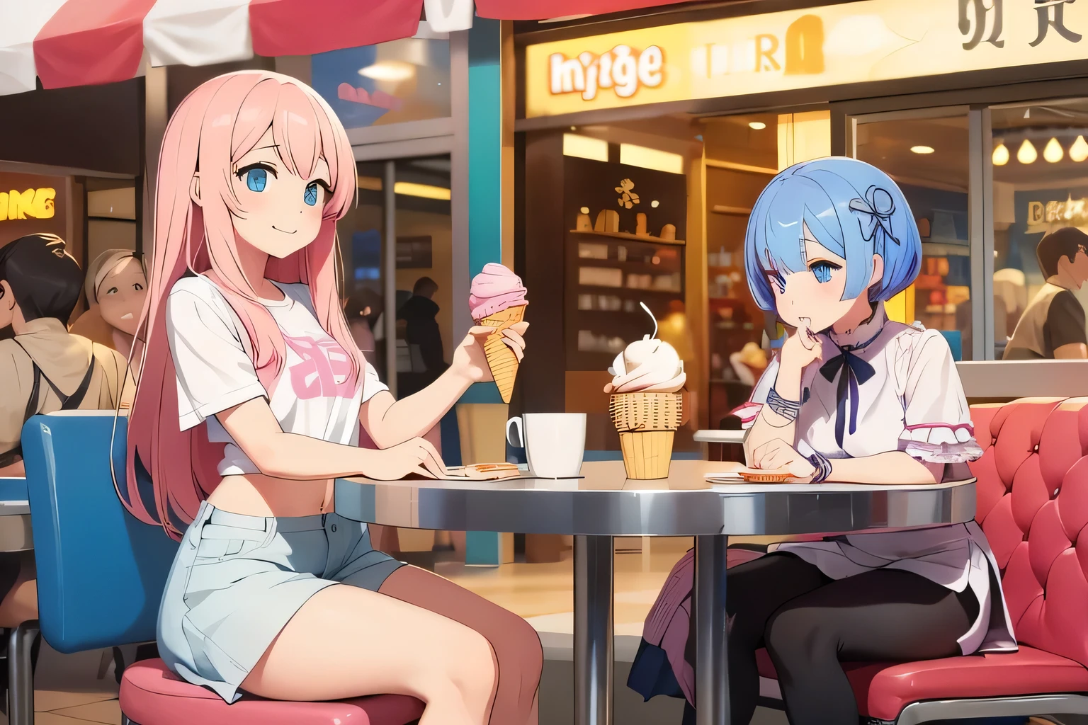 "Small Anime Girl, Rem ReZero, PRIORITIZE CHARACTERS WITH THE SAME IDENTICAL CLOTHING BY IMAGE TASK ID CPIGA65E878C73ETEKU0, DETAILED IMAGE, Big breasts, cleavage, full body, sleep expression". She's sitting in a comfortable chair at a table in an ice cream parlor in a busy mall. She would be a little sleepy. The surrounding area is full of people passing by, chatting and shopping.
