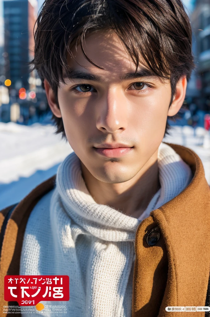 Photorealsitic, 8K full body poster, Beautiful Boys, japanes, An 18-year-old man, A charming expression, detailed face details, TOKYOcty, Winters, Shibuya in the background