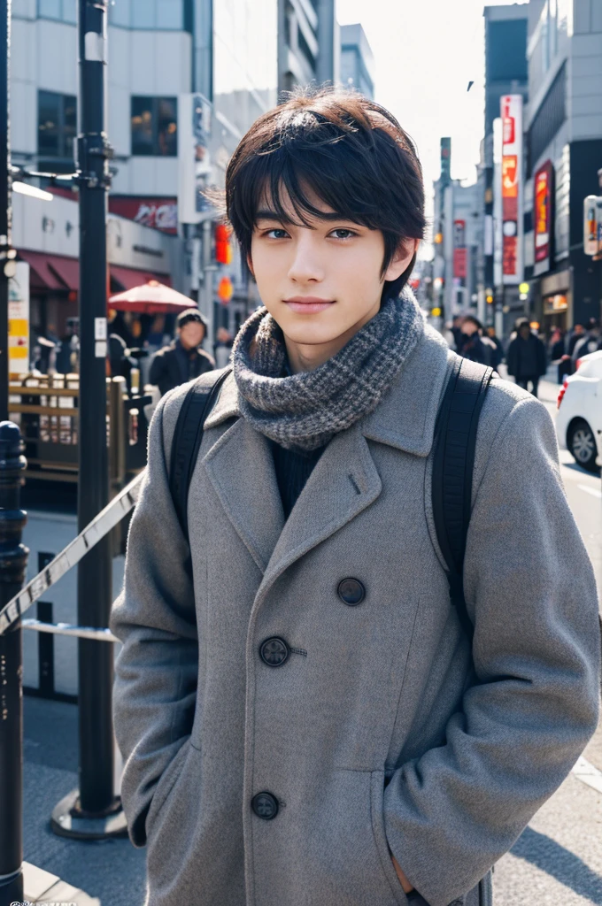 Photorealsitic, 8K full body poster, Beautiful Boys, japanes, An 18-year-old man, A charming expression, detailed face details, TOKYOcty, Winters, Shibuya in the background