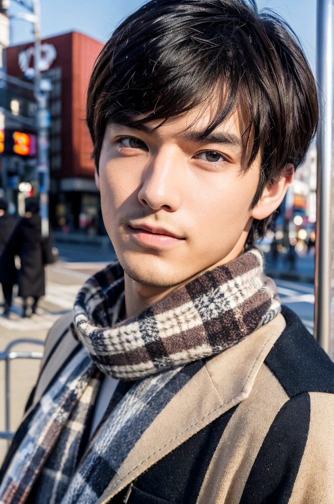 Photorealsitic, 8K full body poster, Beautiful Boys, japanes, An 18-year-old man, A charming expression, detailed face details, TOKYOcty, Winters, Shibuya in the background