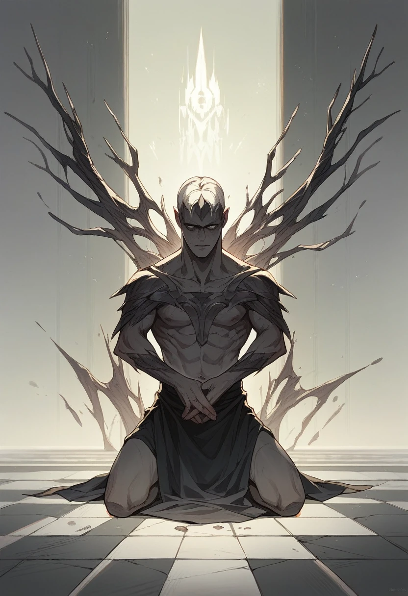Create a gray person agonizing over a mind-invading ritual, minimalist kneeling on the floor, something darker with dark scenery
