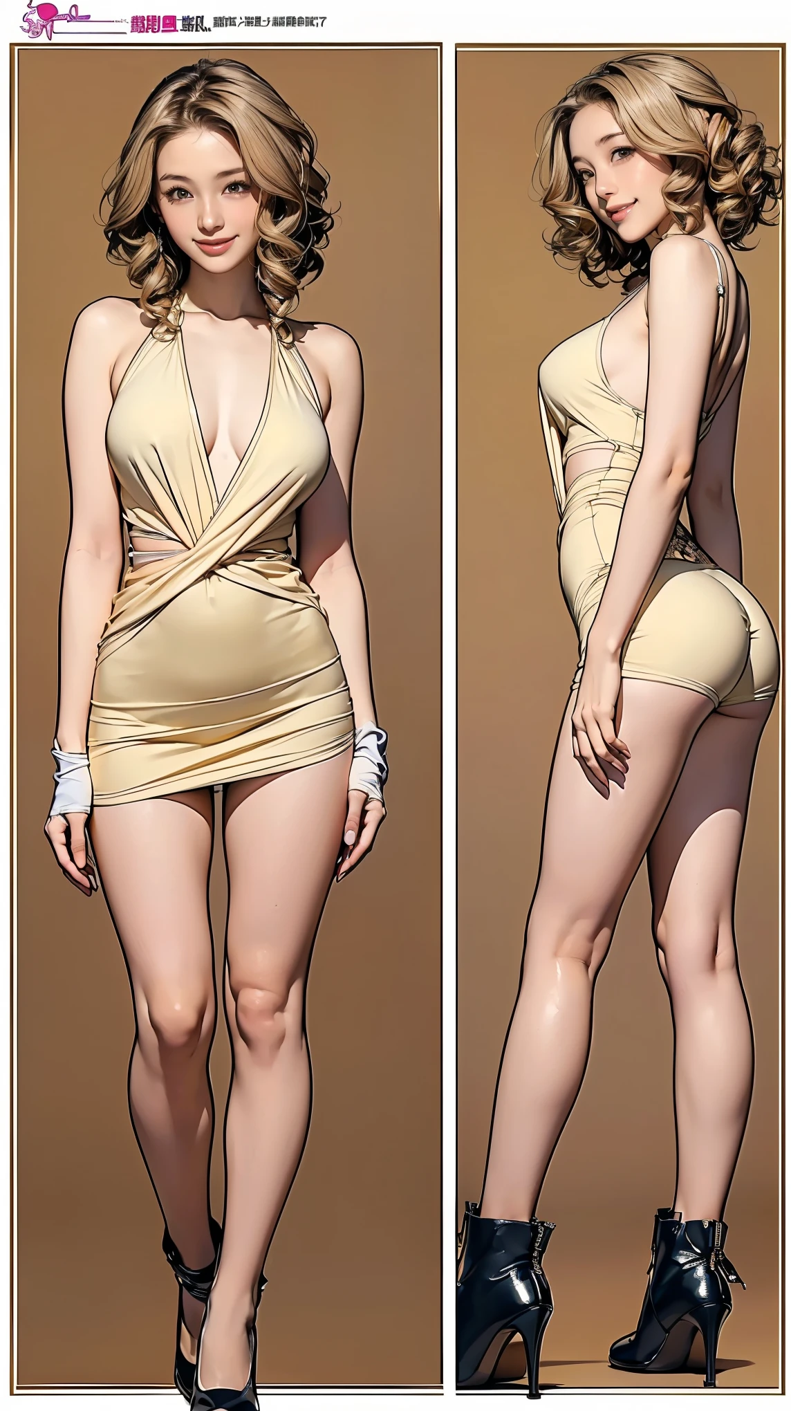 ((masterpiece)),(((Highest quality))),((Character design sheet)),Thin thighs,Long legs,(A very cute 20 year old young woman from Japan..), ((Thin hair that is somewhere between brown and blonde)), ((Short hair with side waves)),(((Slim and slender figure))),Medium bust size、Small breasts、 (((Please wash your hands))),(curly/Twisted Hair),(((A very kind smile))), (((she'Wearing random colored lacy panties))),(((she'Wearing random color bras))) ((Highest quality, 16km race, flying debris: 1.3)), The light shines on your face, Highly detailed face, Highly detailed lips, Beautiful Eyes,