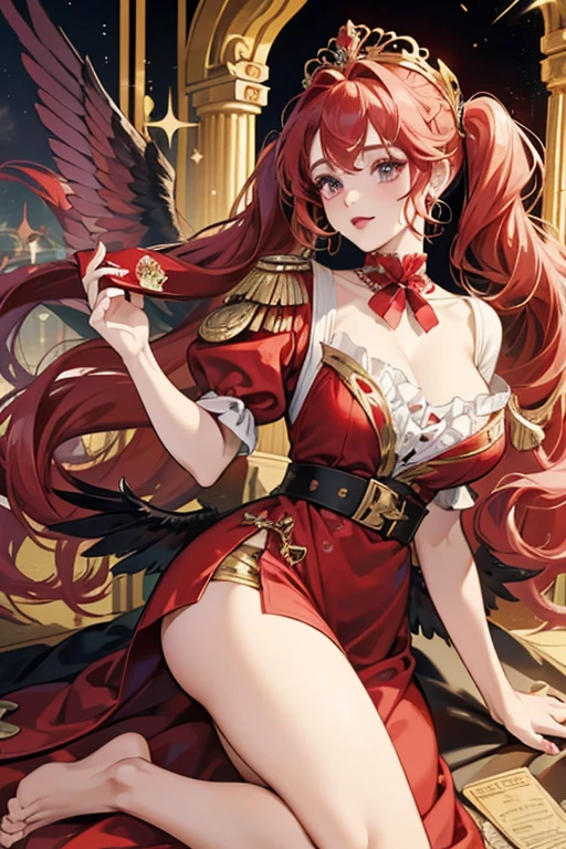 She has fair skin, rosy cheeks, close-set pie eyes, a medium-length nose, red lip-stick, and curly/puffy pale-blond hair (clearly a towhead) pulled into three segments (two pigtails and one ponytail) held in place with turquoise hair-bands. , she appears as a large cardboard cutout of herself, bearing goddess outfit. She has curly red hair in puffy pigtails and magenta eye-shadow. She wears a deep scarlet dress with gold shoulder pads, no shoes, a sash-like belt, gold and ruby earrings, a gold helmet with a large crescent on her head, and two pairs black wings, one with bird wings and the other with bat wings, SPARKLE; GLITTER